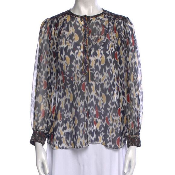 Isabel Marant Blouse Pilay Multi Printed Silk Sheer SZ 36/ US SM Long Sleeve Top - Picture 2 of 15